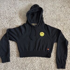 Aviator Nation Black Crop Hoodie with Yellow Smiley